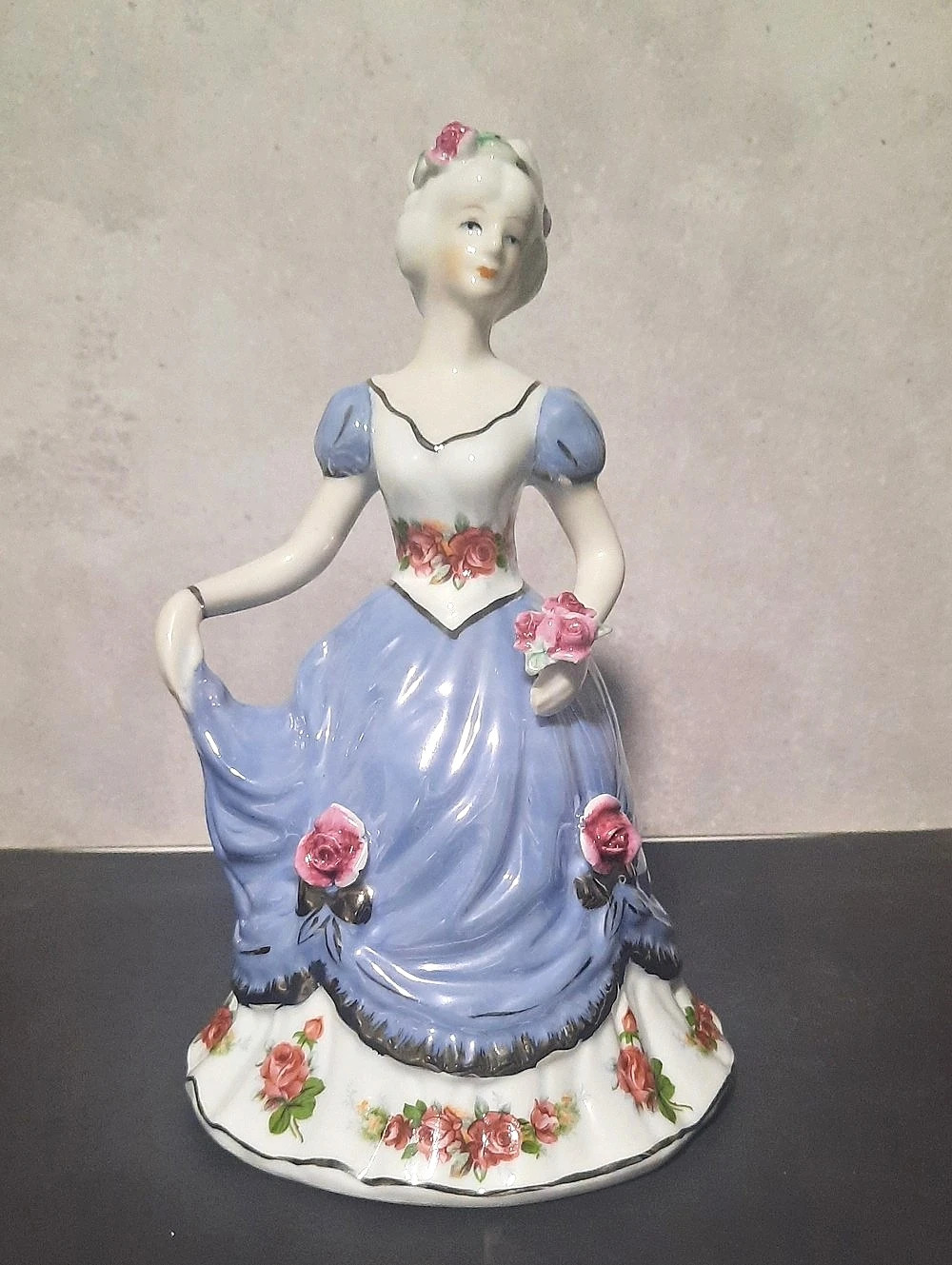 Vintage Victorian Floral Porcelain Lady Figurine in Blue & White